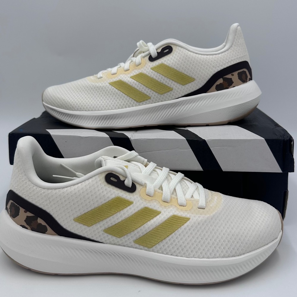 Adidas Runfalcon 3.0 W Womens 9 White Gold Leopard Print Running Shoes NEW